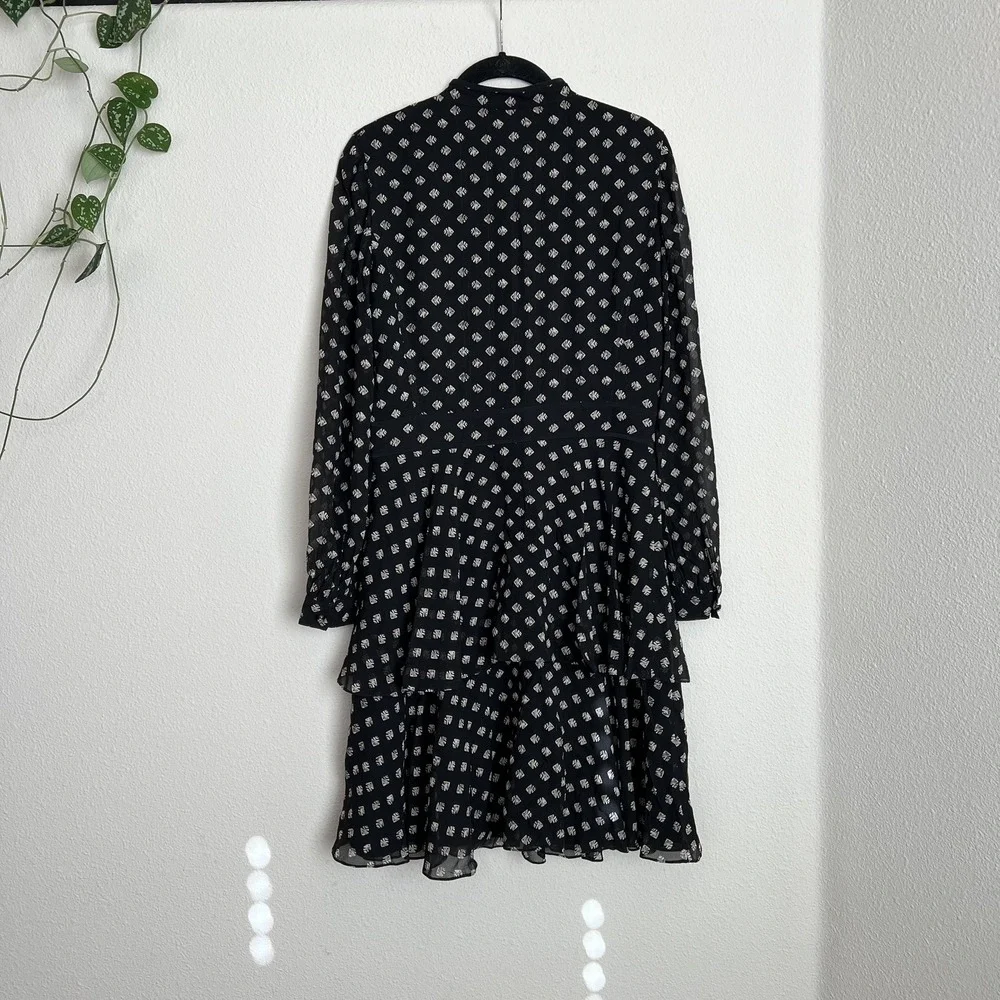 TORY BURCH Seymour Silk Georgette Mini Dress Size 6 Geometric Fish Print Tiered - Picture 4 of 11
